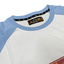 Load image into Gallery viewer, DLAB X INDIOS 3/4 TEE (Blanca/Mangas Azul Cielo)
